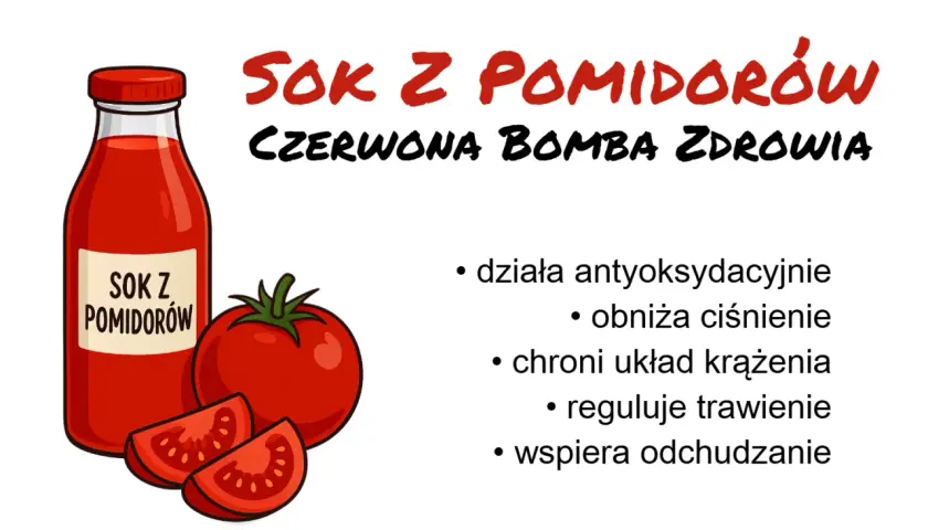 Butelka soku pomidorowego, pomidor i plasterki pomidora.