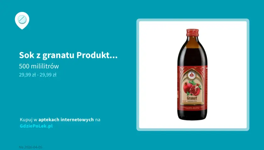 Butelka soku z granatu z etykietą przedstawiającą owoce granatu.